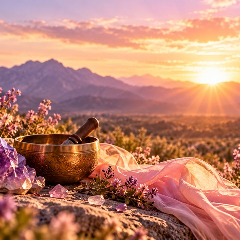 Singing bowl and crystals at sunset
